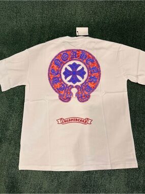 Chrome Hearts White T-Shirt with Blue and Orange Back Graphic